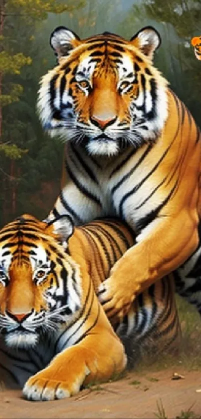 Two majestic tigers in a serene forest setting, vibrant mobile wallpaper.