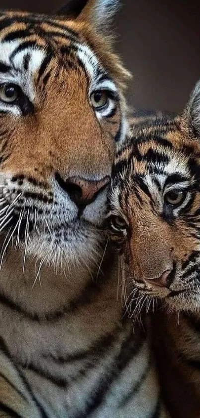 Majestic Bengal tigers cuddling wallpaper.