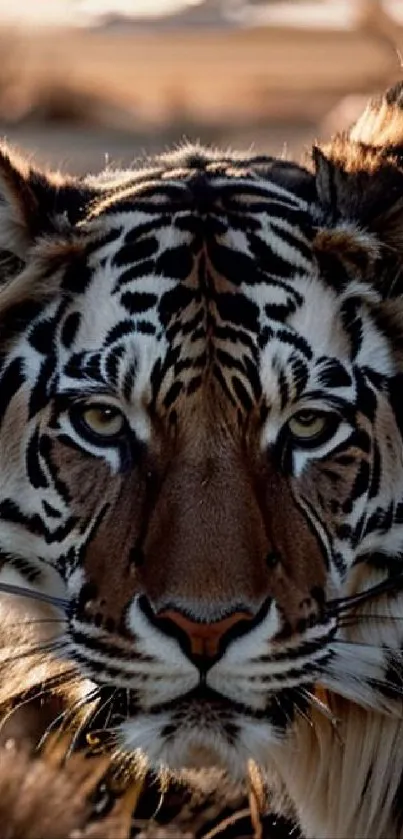 Close-up of a tiger's face with intense eyes.