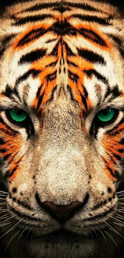 Close-up of a tiger's vibrant face with striking green eyes.