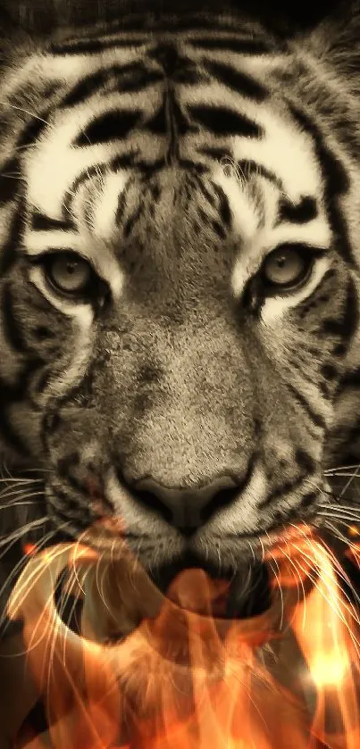 Sepia-toned majestic tiger face close-up for mobile wallpaper.