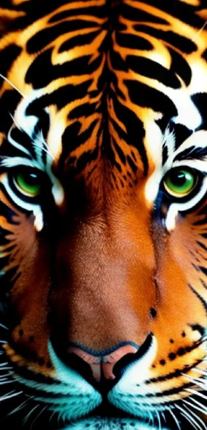 Close-up of a tiger face with vibrant orange stripes.