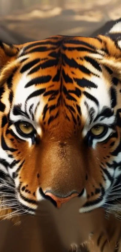 Close-up of a majestic tiger's face, intense gaze.