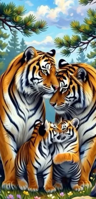 Tiger family in forest art wallpaper.