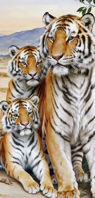 Majestic tiger family in a scenic natural setting on mobile wallpaper.