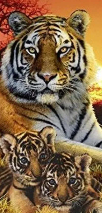 Majestic tiger family with cubs at sunset.