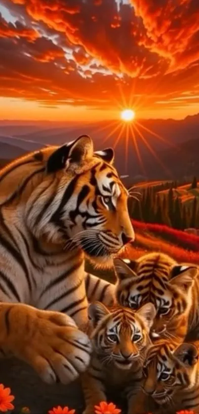 Majestic tiger family at sunset with vibrant sky.