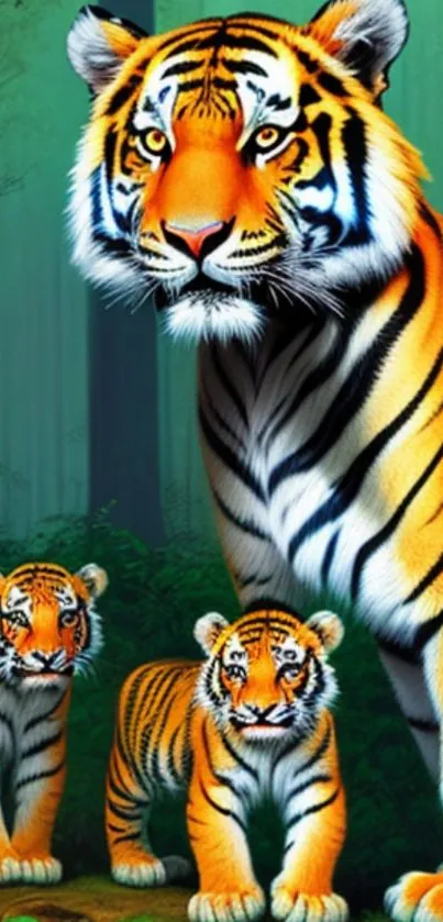 A majestic tiger family in a lush forest background.