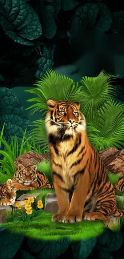 Tiger family in lush green jungle wallpaper background.