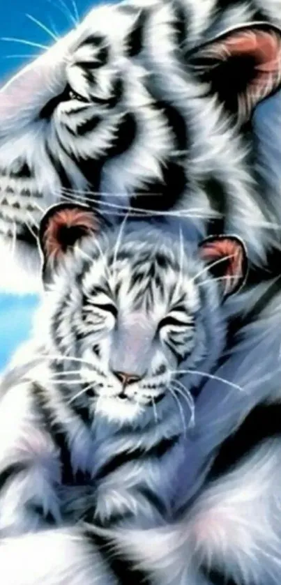 Majestic white tiger with cub in blue background wallpaper.