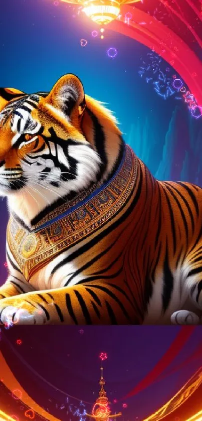 Majestic tiger in vibrant fantasy setting with colorful glowing elements.