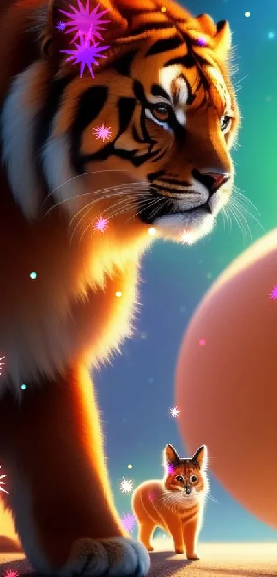 Majestic tiger with cub under a vibrant sky, perfect for mobile wallpaper.