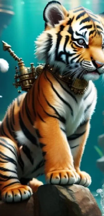 Fantasy tiger sitting on rocks in a vibrant jungle scene.