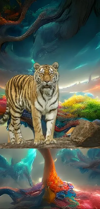 Majestic tiger in vibrant, surreal fantasy landscape wallpaper.