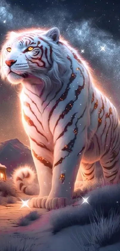 Majestic white tiger under a starlit sky in a fantasy setting.