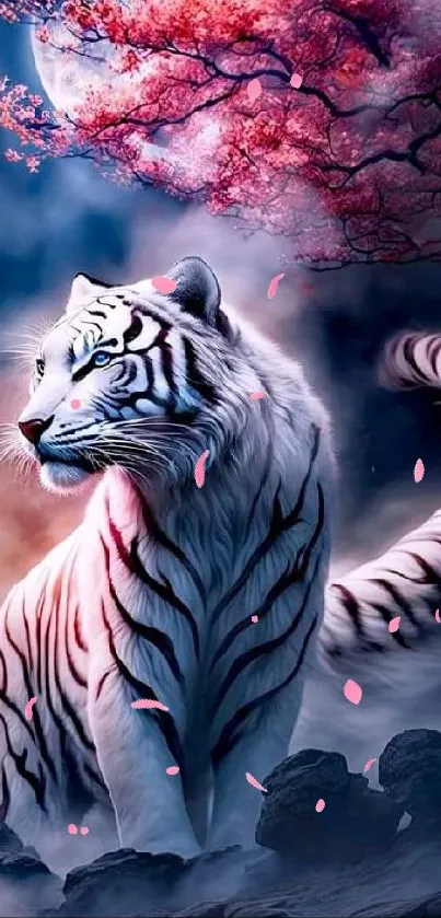 White tiger with cherry blossoms under a moonlit sky.