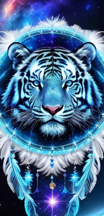 Majestic tiger with dreamcatcher against a cosmic background.