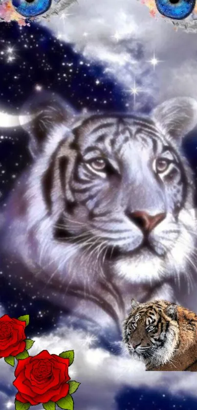 White tiger with roses and moon in a starry night sky wallpaper.