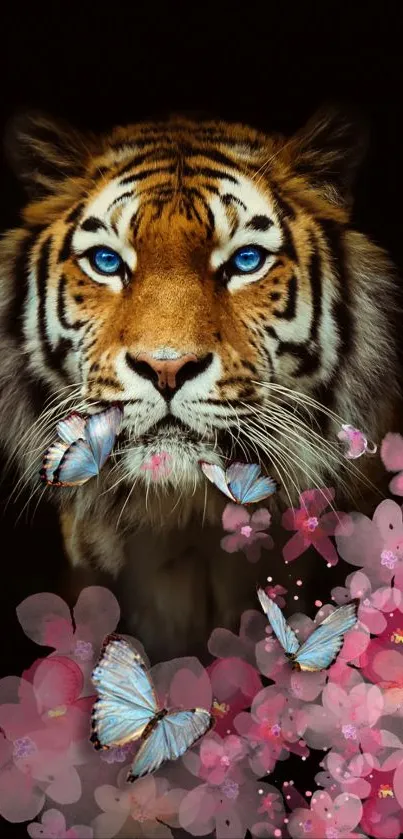 Majestic tiger among pink flowers and butterflies mobile wallpaper.