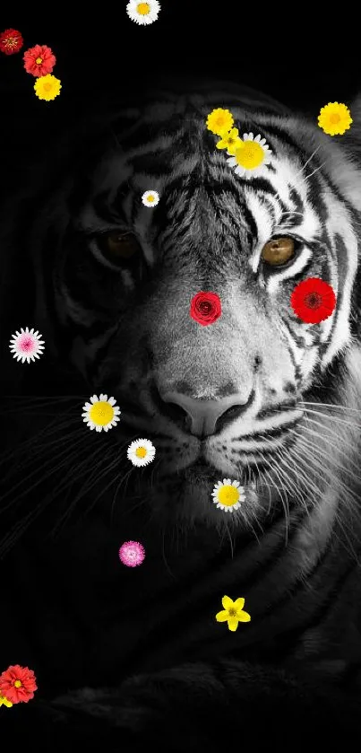 Black and white tiger with colorful flowers mobile wallpaper.