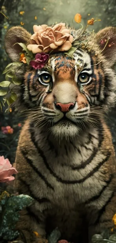 Majestic tiger with flowers in mystical forest wallpaper.