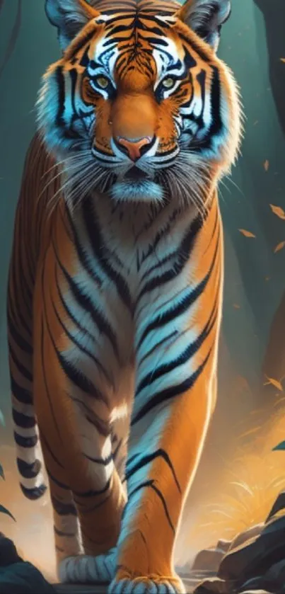 A majestic tiger walking through a mystical forest scene, vivid and captivating.