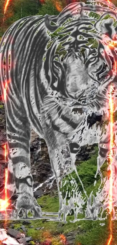 Majestic tiger in lush forest near waterfall wallpaper.