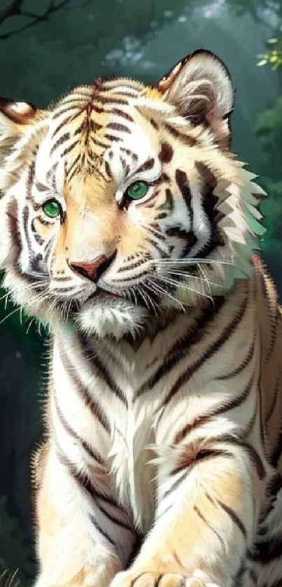 Realistic tiger sitting in a dense forest with vibrant green foliage.