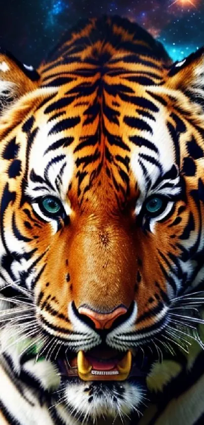 Tiger face with galaxy background, vivid colors.