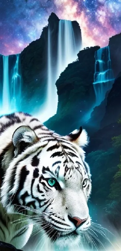 White tiger in a cosmic waterfall landscape.