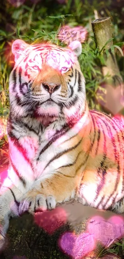 Majestic tiger with pink heart bokeh in nature setting wallpaper.