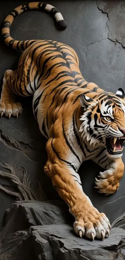3D artwork of a fierce tiger emerging from rock
