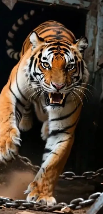 A fierce tiger lunging forward with mouth open, showcasing its power.