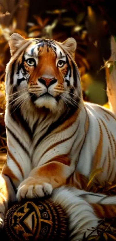 Majestic tiger lying in jungle setting wallpaper.
