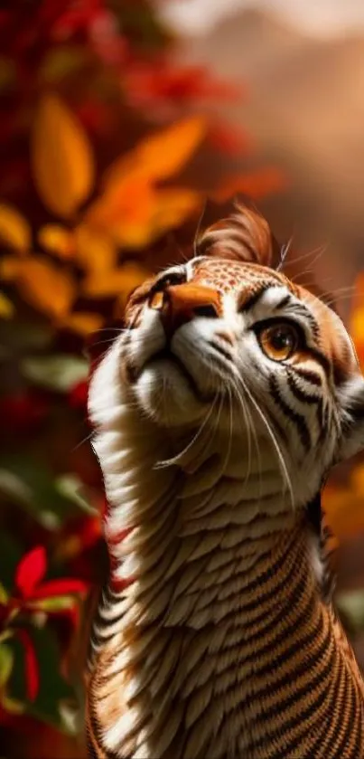 Majestic tiger surrounded by autumn leaves in vibrant colors.