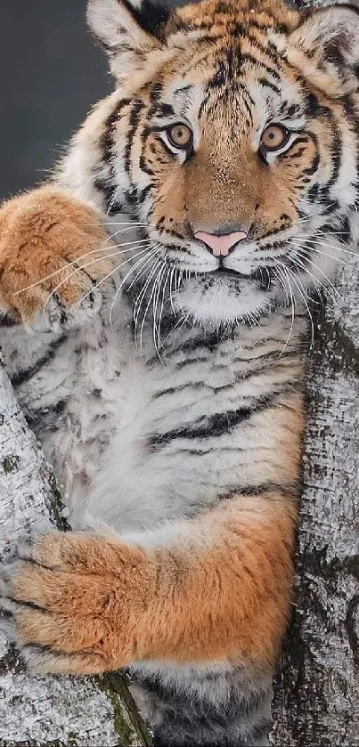 Tiger nestled in birch tree, perfect wildlife wallpaper.