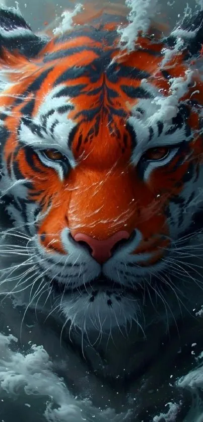 Illustration of a majestic tiger emerging from billowing clouds.