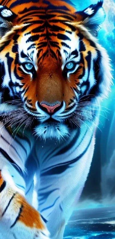 High-resolution wallpaper of a majestic tiger against a cosmic blue background.