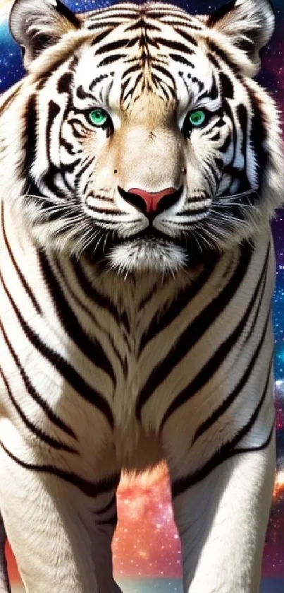 White tiger with galaxy background wallpaper.