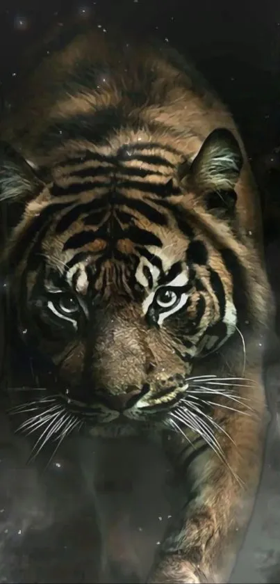 Majestic tiger prowling through a dark, misty forest on mobile wallpaper.