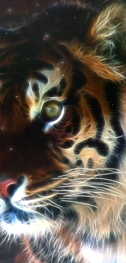 A majestic tiger glowing against a dark background in vibrant digital art.