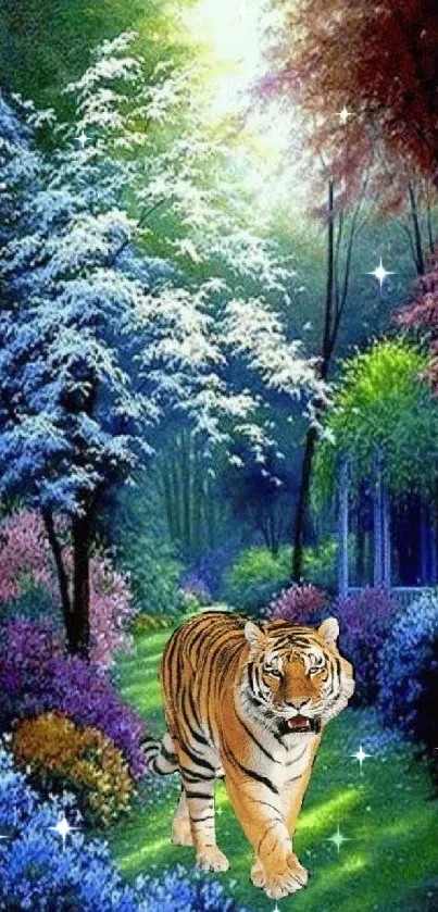 Majestic tiger walking in a lush, vibrant forest scene.