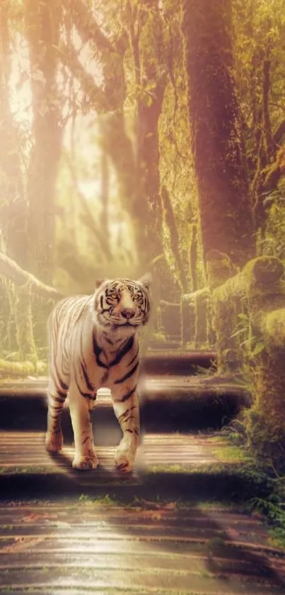 Majestic tiger walking on a forest pathway bathed in sunlight.