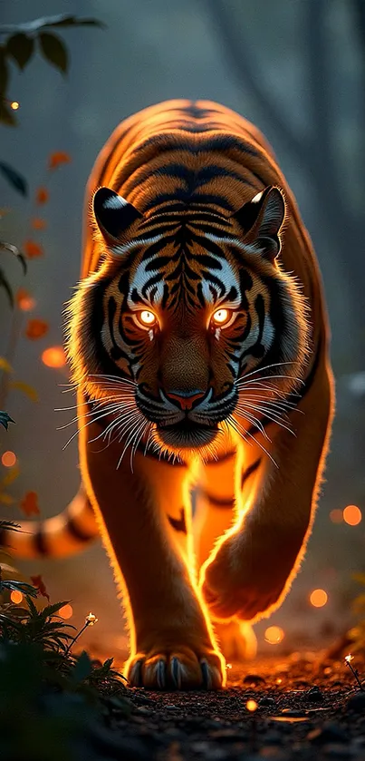 Glowing tiger walks through an enchanted forest at night.