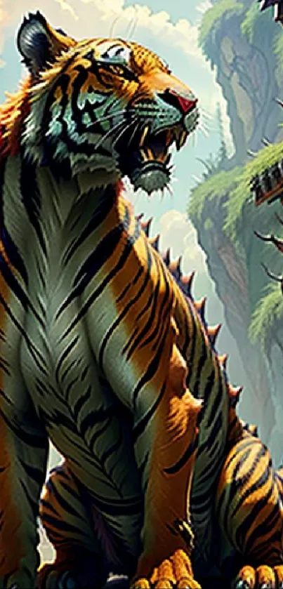 Fantasy tiger in vibrant forest setting.