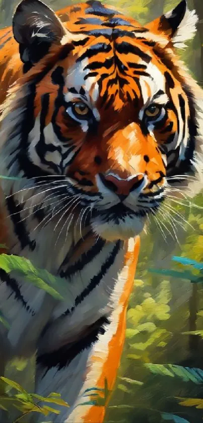 Majestic tiger in a vibrant forest setting.