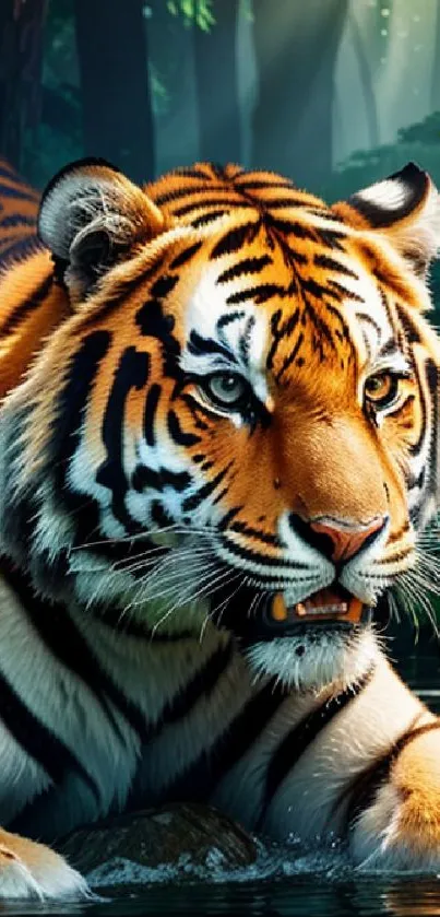 Majestic tiger in a lush forest setting with stunning orange and black stripes.