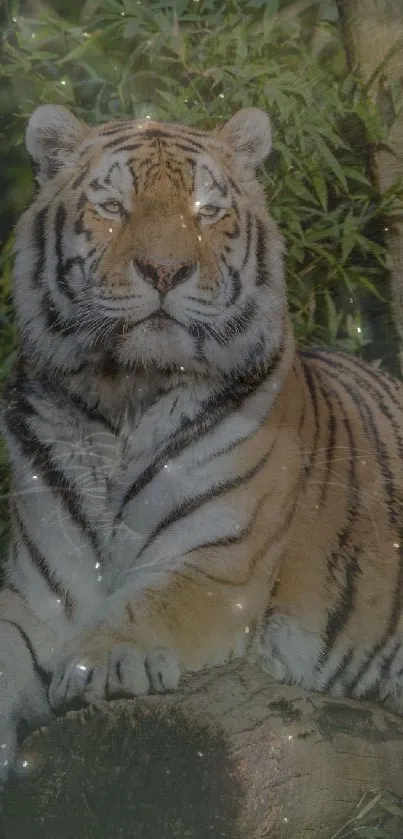 Majestic tiger sitting calmly in lush green forest.