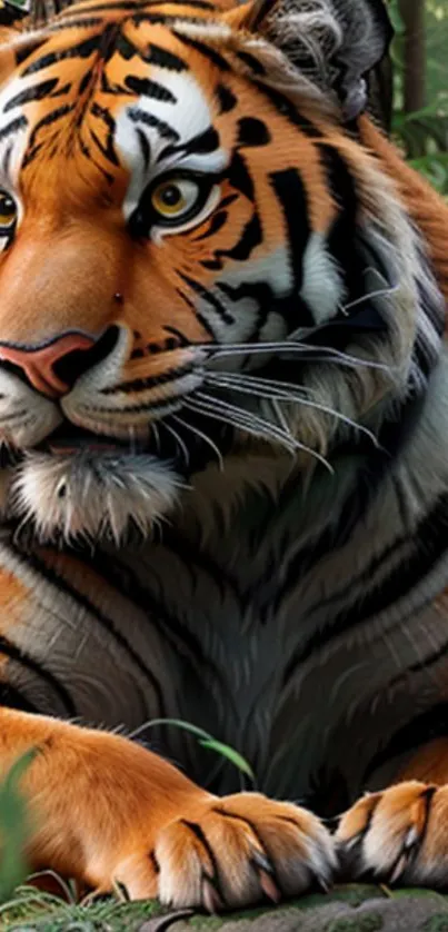 Majestic tiger resting in a lush forest.