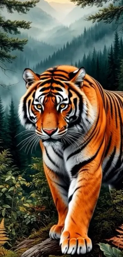 A majestic tiger walking through a lush forest with misty mountains in the background.